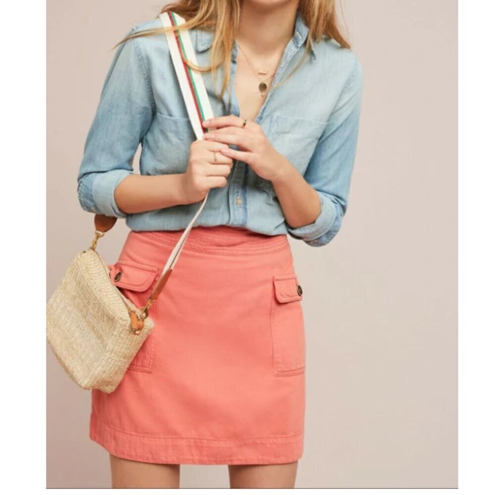 Anthropologie Mini Skirt 6 Pink Cotton Linen Flap Pocket Utilitarian Zipper